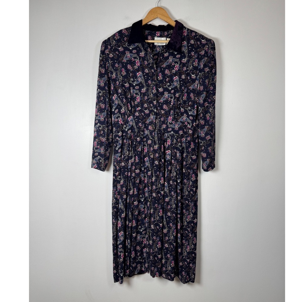 Cottagecore Halmode Petites Women 14P Midi Dress Navy Paisley Velvet Collar Long